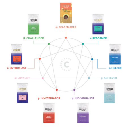 Photo of the enneagram. 1 is Finca El Puente, 2 is Forty-Six, 3 is Fast Forward, 4 is Hologram, 5 is Slow Motion, 6 is Cinco de Junio, 7 is Sipacapa, 8 is Big Trouble, and 9 is Equilibrium.