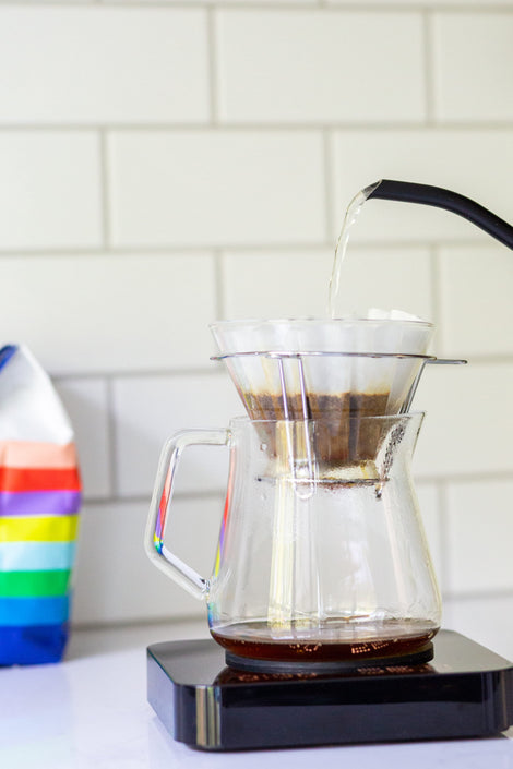 Photo of a kettle pouring water into a pour-over device.