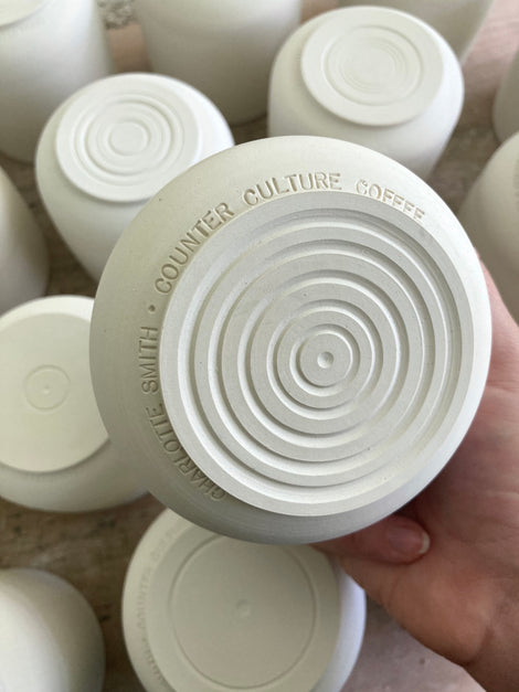 Photo of the bottom of a mug that says "Charlotte Smith, Counter Culture Coffee"
