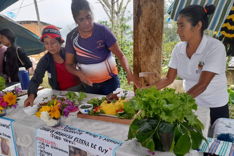 Photo of three coop members standing behind a booth with healthy foods. 