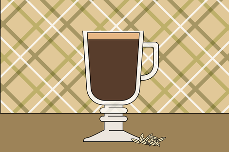 Illustration of an Irish Coffee served in an Irish Coffee glass in front of a plaid background.