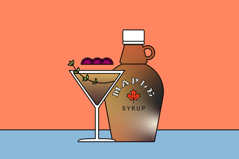Illustration of a martini glass next to a maple syrup bottle.