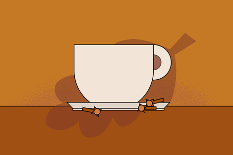 Illustration of a latte cup with spices around it. 