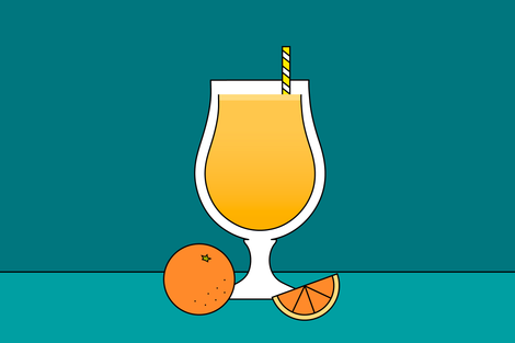 Illustration of a blended orange drink in a glass with a straw with an orange on the side.
