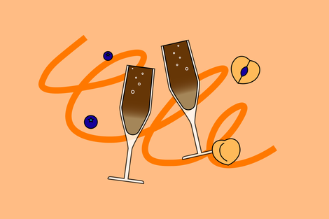 Photo of two champagne flutes filled with coffee and bubbles. 