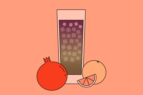 Illustration of the Cafe Ruby drink with a grapefruit and pomegranate next to the glass.