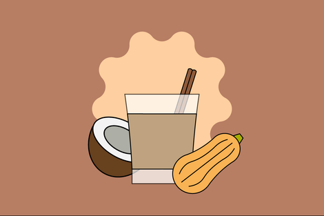Illustration of the Coquito Confession coffee beverage. There is a cinnamon stick, coconut, and squash representing the flavors.