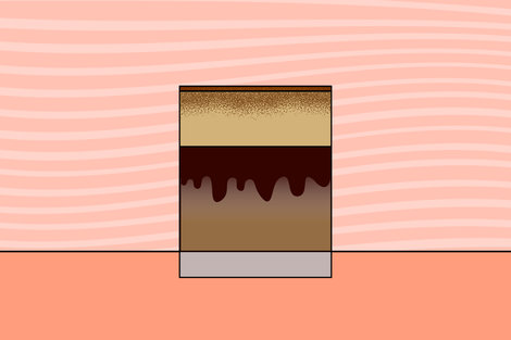 Illustration of the Boston Cream Coffee recipe. There are layers of milk, espresso, and marshmallow fluff.