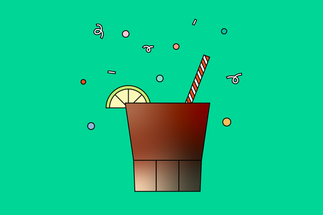 Illustration of the Coffee Cola drink with a straw in it and a lime slice for garnish.