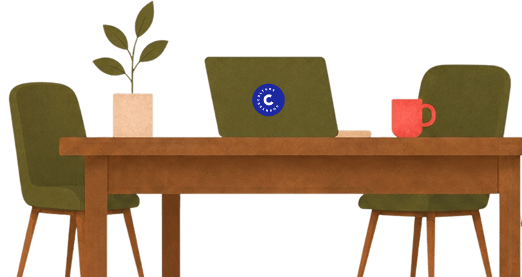 Illustration of a desk with coffee, plants, books and a laptop