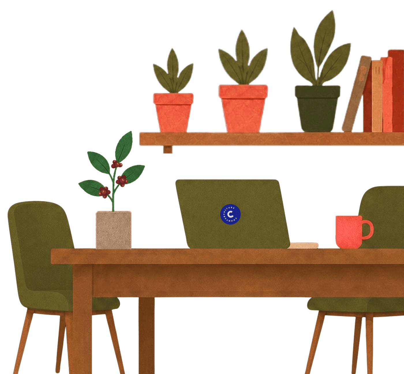 Illustration of a desk with coffee, plants, books and a laptop